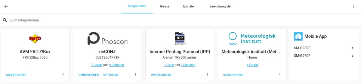 Home Assistant Integrationen: FRITZ!Box, deCONZ, IPP, Wetterdienst und Mobile App
