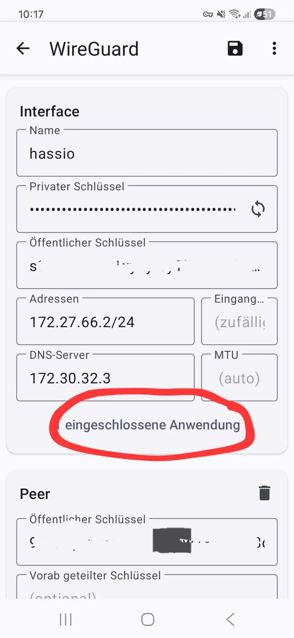 WireGuard-App auf Android: Interface-Einstellungen mit markierter Option für eingeschlossene Anwendungen