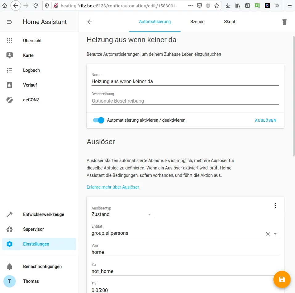 Home Assistant: Automatisierung „Heizung aus wenn keiner da“